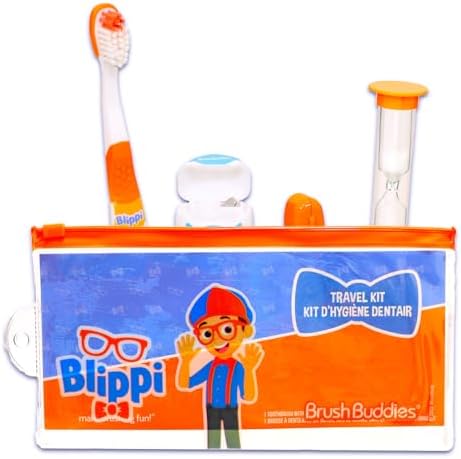 Blippi 子供用歯ブラシトラベルセット - 手動歯ブラシ、キャップ、フロス、タイマー、バッグ、ステッカーなどが付属 男の子、幼児向け|Blippiオーラルケアトラベルキット 画像 2